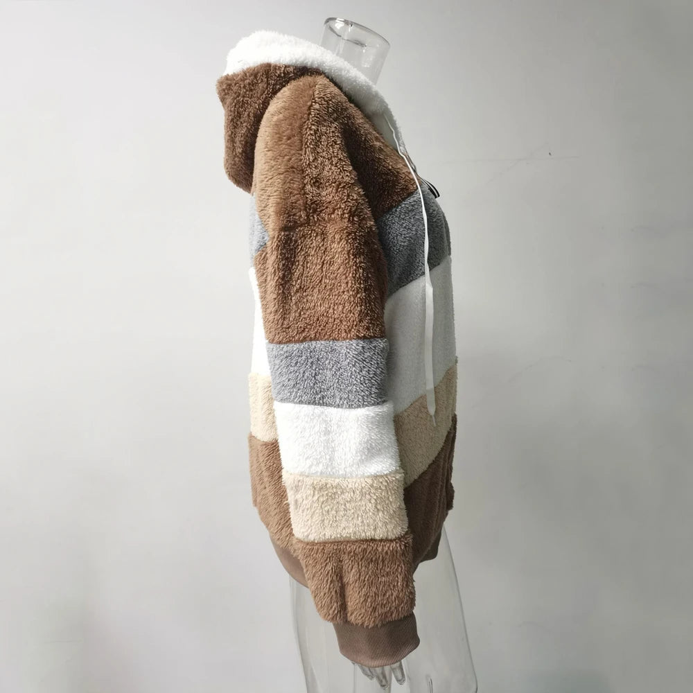 Oversized Plush Hooded Jacket — Warm Cashmere Streetwear Coat with Zipper & Pockets for Women