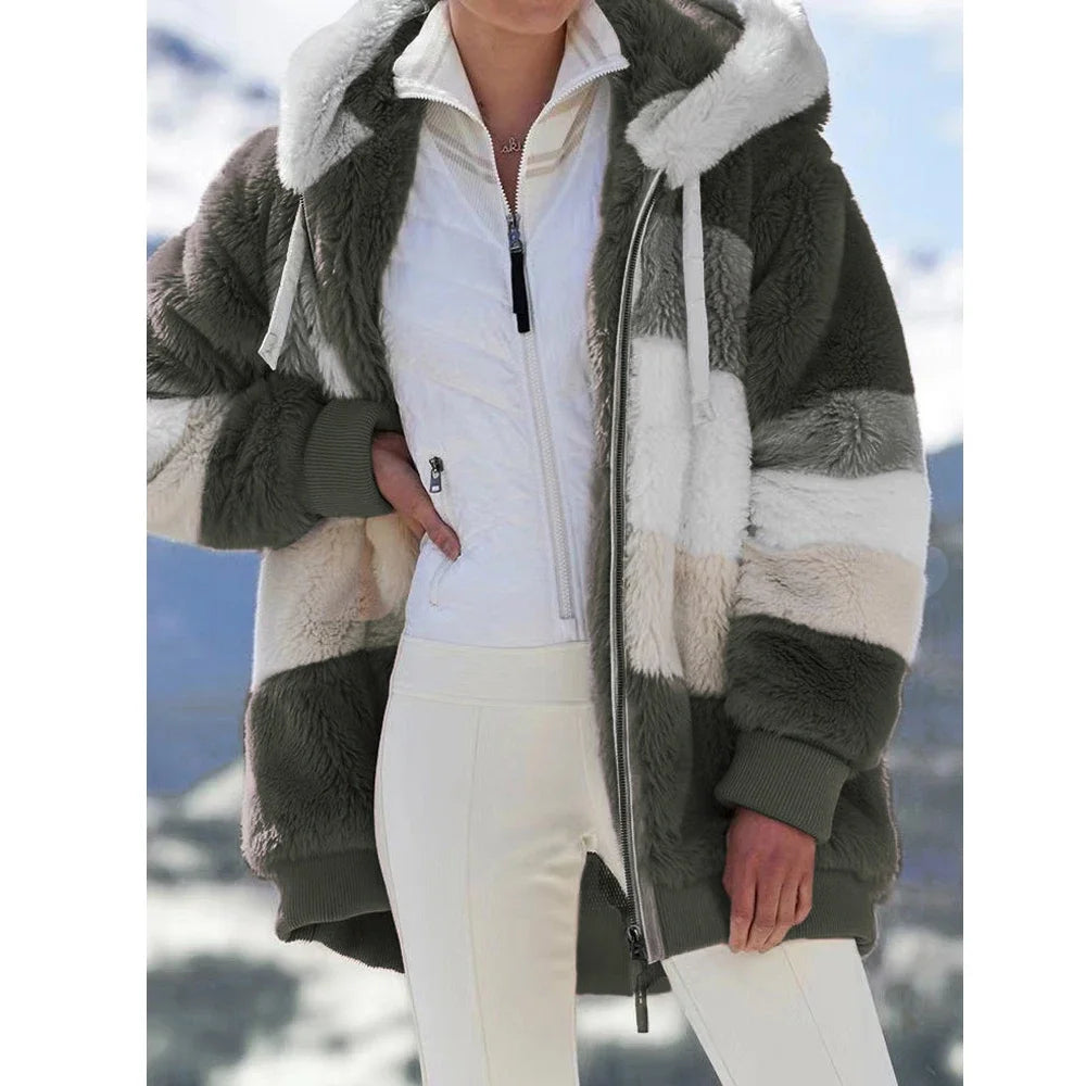 Oversized Plush Hooded Jacket — Warm Cashmere Streetwear Coat with Zipper & Pockets for Women