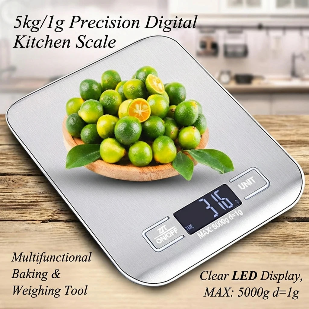 Digital Kitchen Scale — LED Display 5kg Stainless Steel for Food, Baking & Jewelry