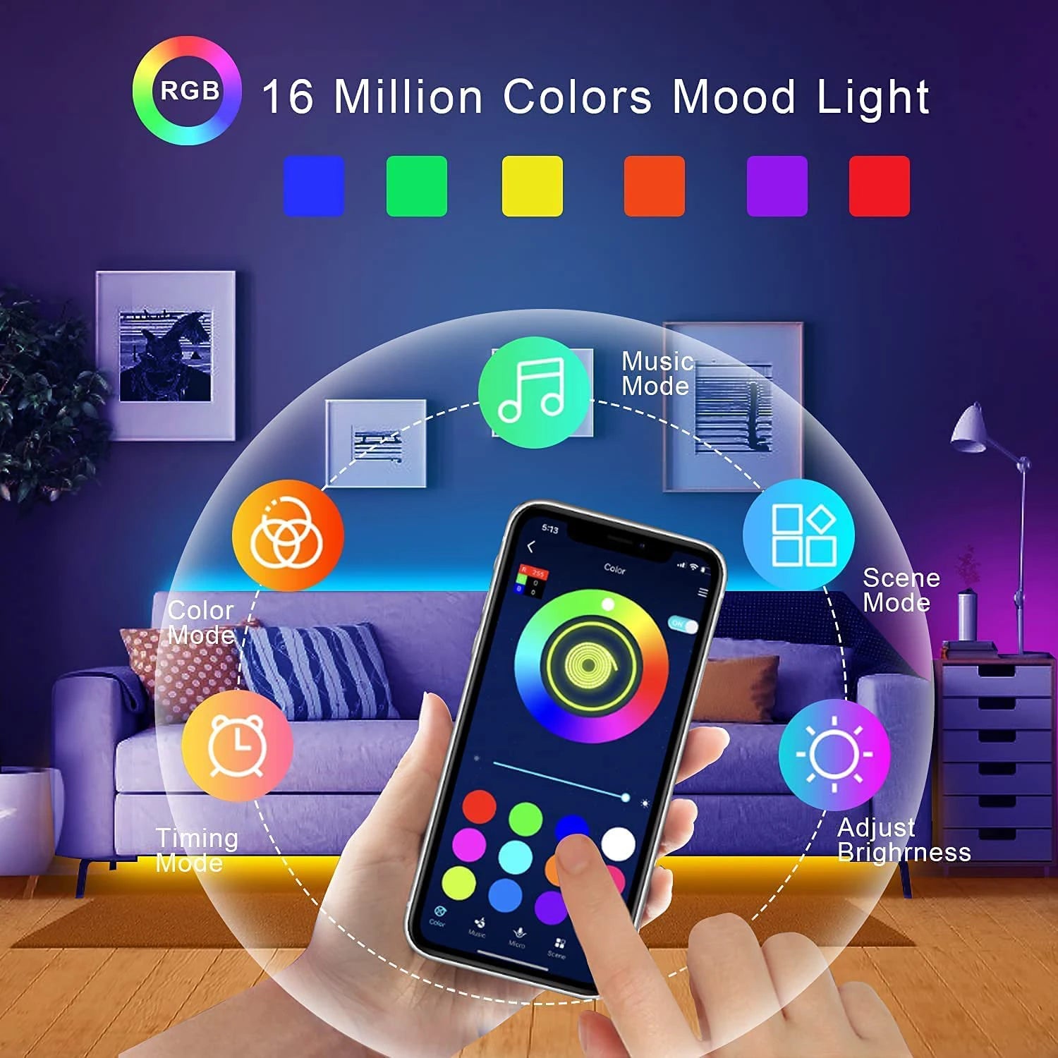 Smart LED Light Strips — RGB Music Sync Color Changing for Room & TV