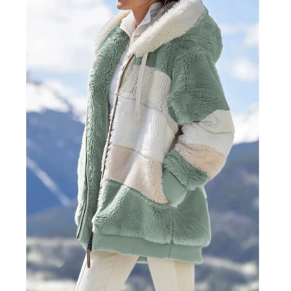 Oversized Plush Hooded Jacket — Warm Cashmere Streetwear Coat with Zipper & Pockets for Women
