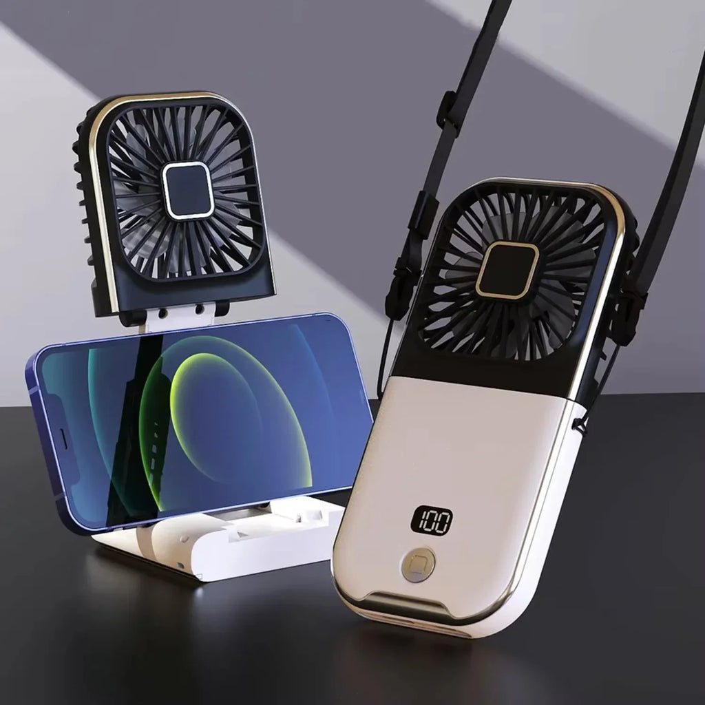 3-in-1 Portable Neck Fan & Power Bank — Foldable USB Rechargeable Desktop Fan for Home, Office & Outdoor