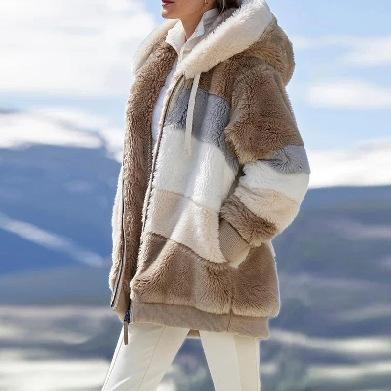 Oversized Plush Hooded Jacket — Warm Cashmere Streetwear Coat with Zipper & Pockets for Women