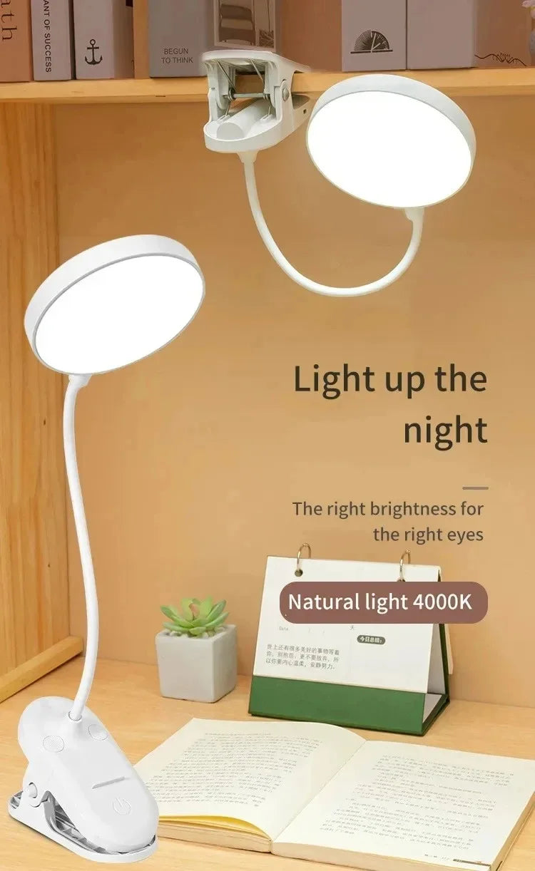 LED Table Lamp with Clamp — USB Rechargeable Foldable Study & Reading Light with Touch 3-Mode Dimming