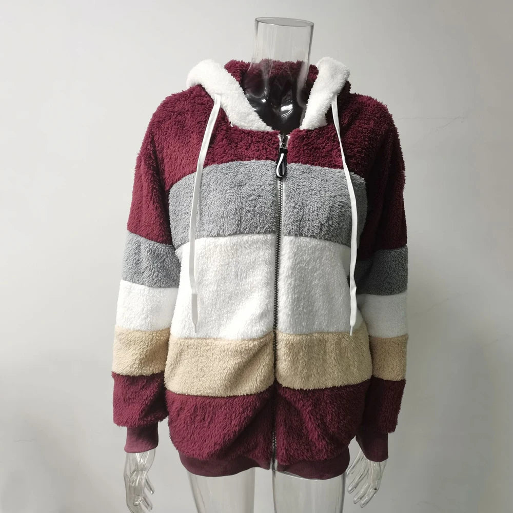 Oversized Plush Hooded Jacket — Warm Cashmere Streetwear Coat with Zipper & Pockets for Women