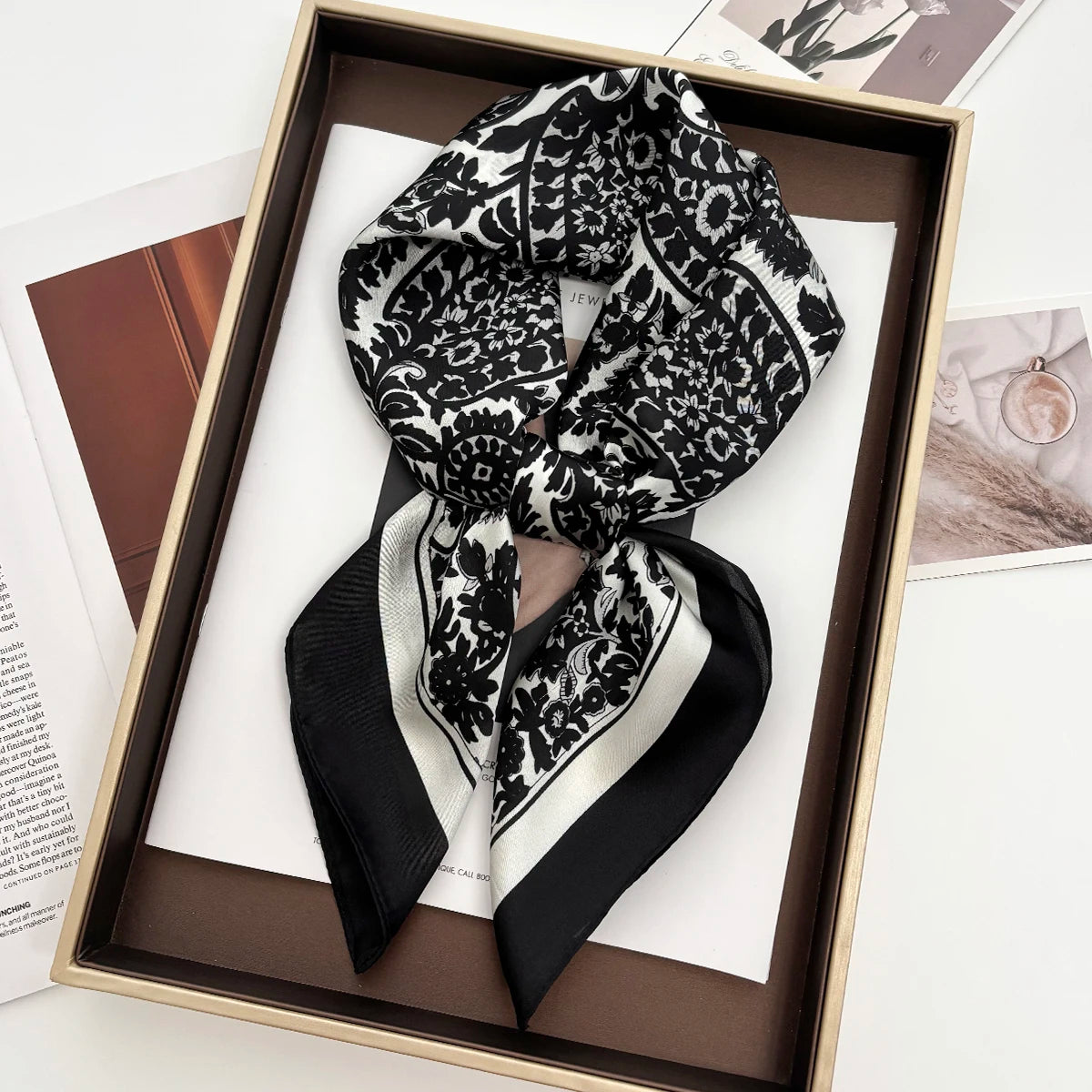 Luxury Satin Square Print Scarf — Women's Silk Bandana Hijab Shawl & Hair Band Accessory