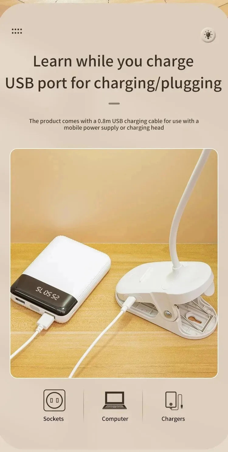 LED Table Lamp with Clamp — USB Rechargeable Foldable Study & Reading Light with Touch 3-Mode Dimming