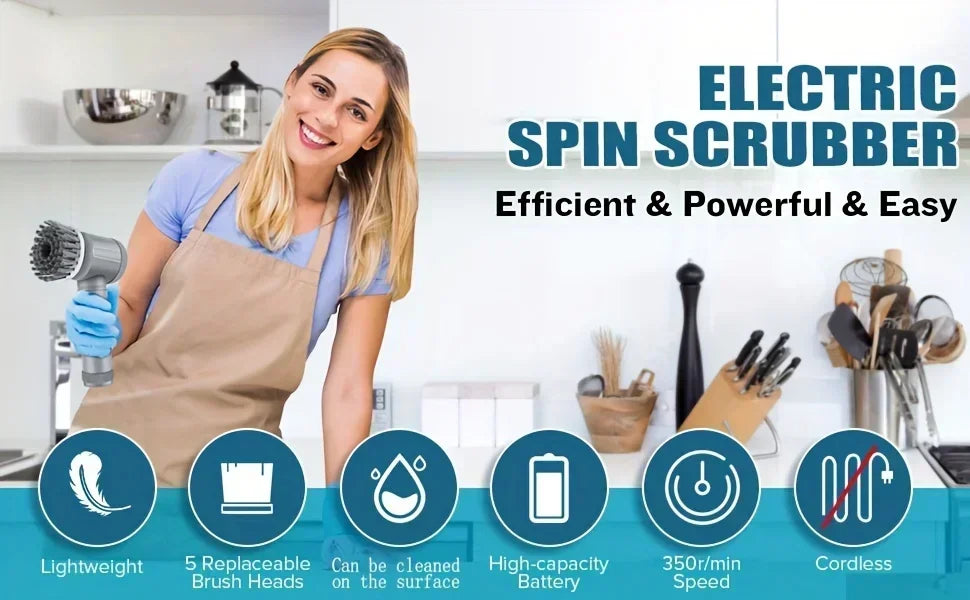 Electric Spin Scrubber — Cordless Cleaning Brush with 5 Heads for Bathroom & Kitchen