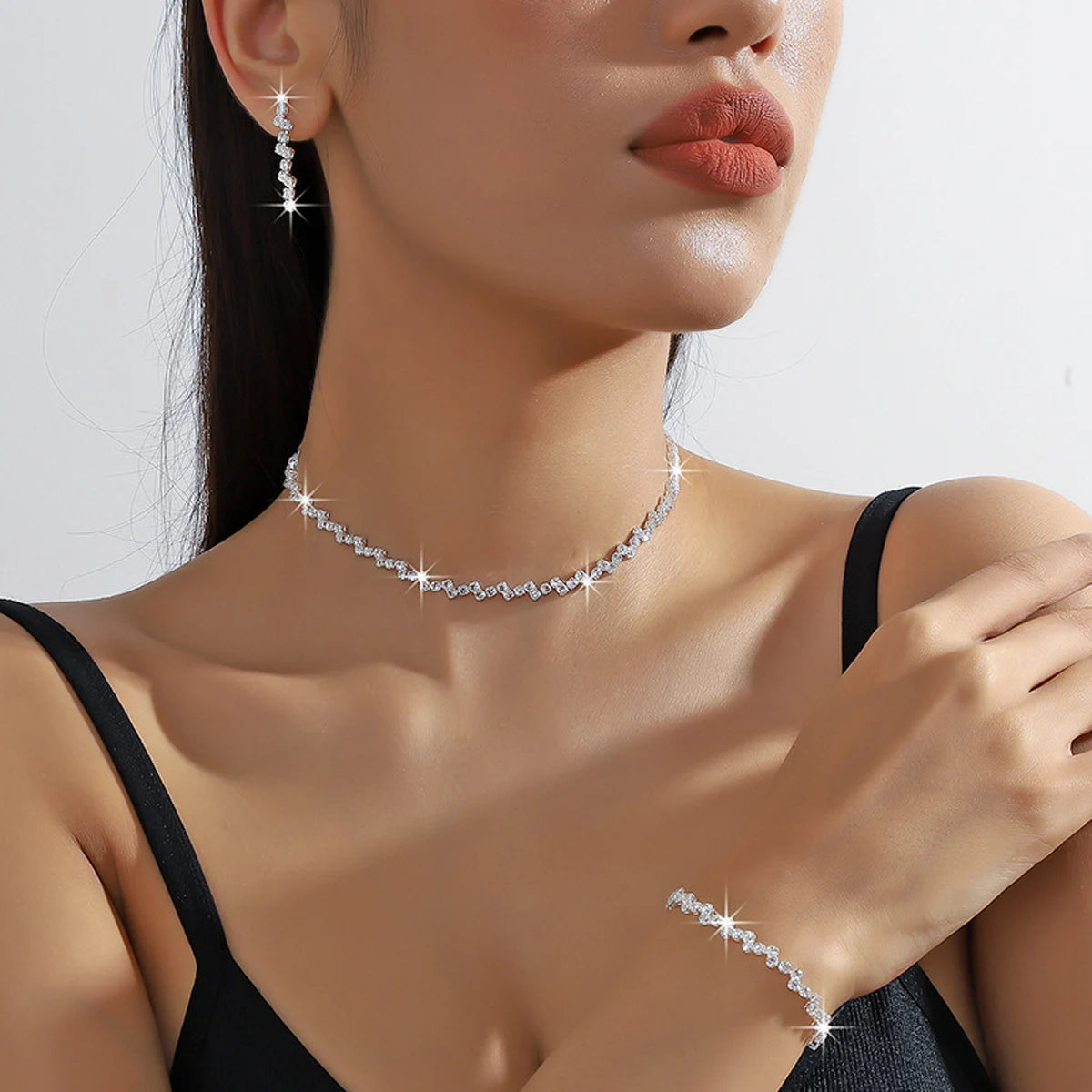 Silver Minimalist Jewelry Set — Starry Sky Collarbone Necklace & Bracelet for Women