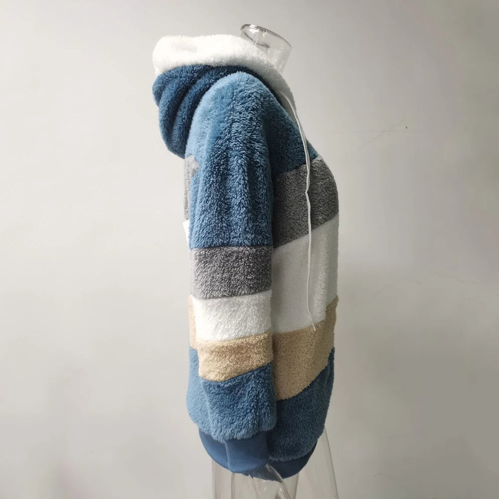 Oversized Plush Hooded Jacket — Warm Cashmere Streetwear Coat with Zipper & Pockets for Women