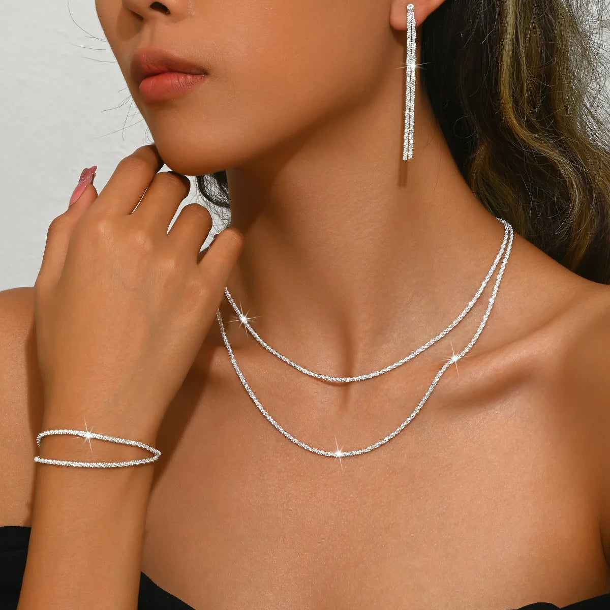 Silver Minimalist Jewelry Set — Starry Sky Collarbone Necklace & Bracelet for Women
