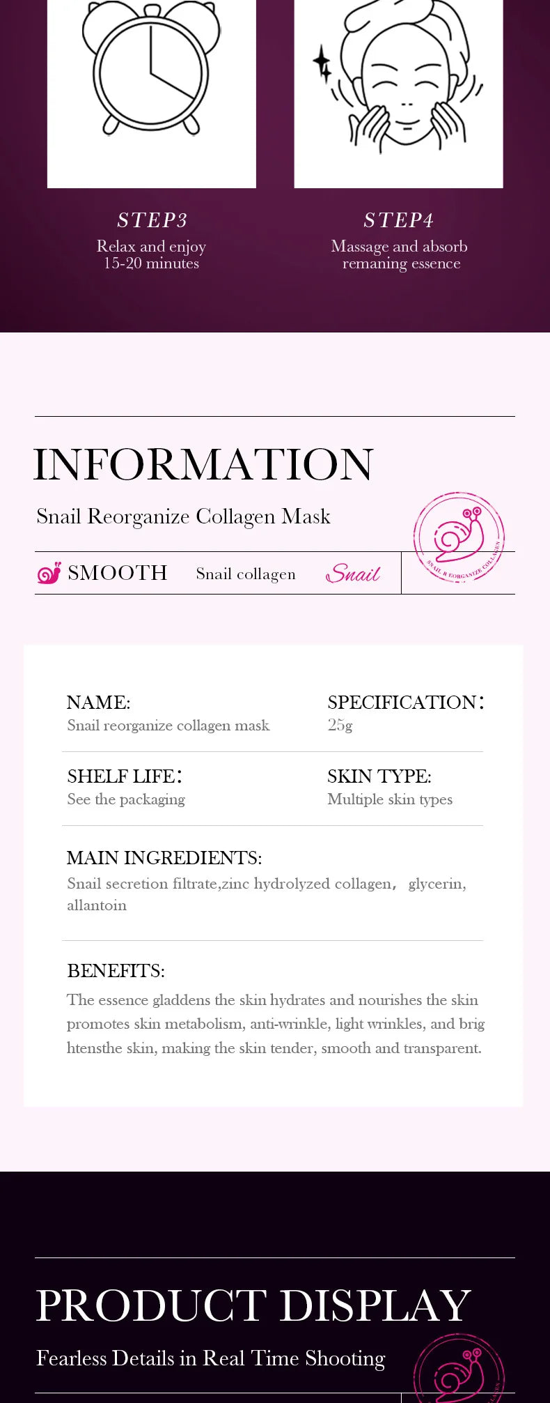 SADOER Snail Collagen Face Mask 5pcs — Firming Moisturizing Brightening Hydrating Facial Skin Care