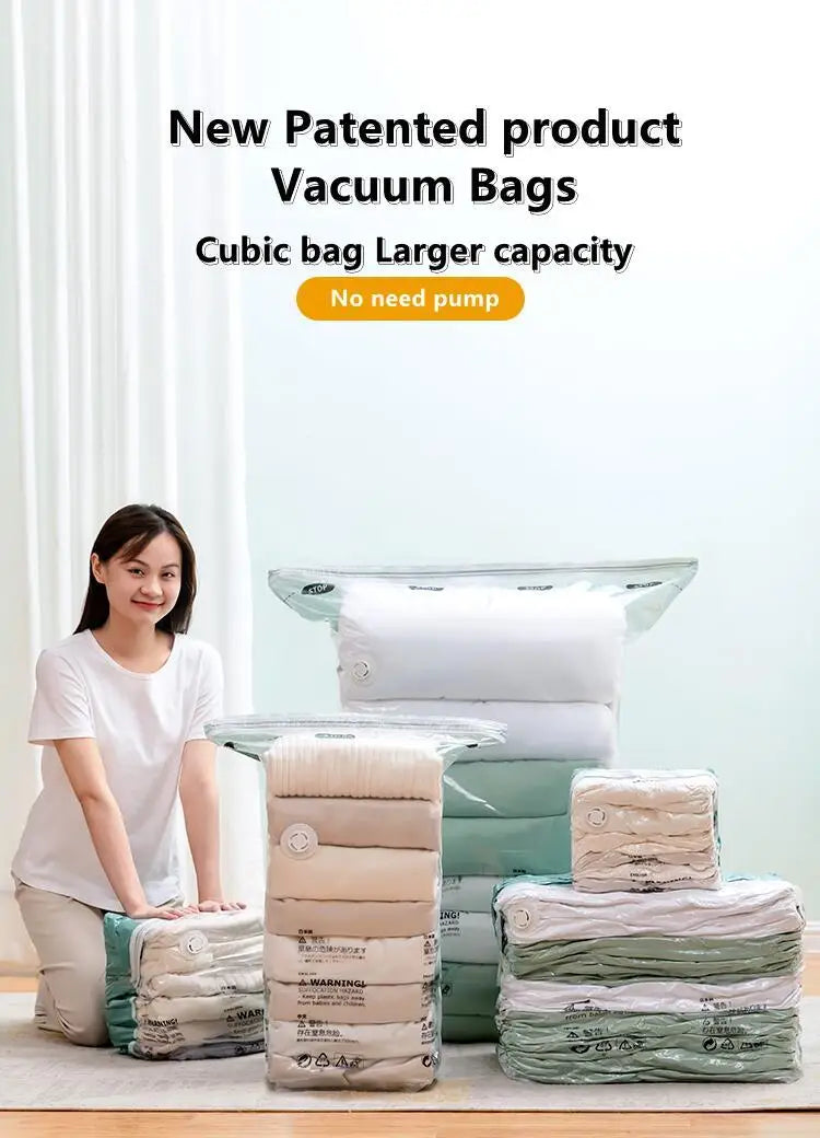 No-Pump Vacuum Storage Bags — Space Saver Compression Bags for Clothes, Blankets & Travel