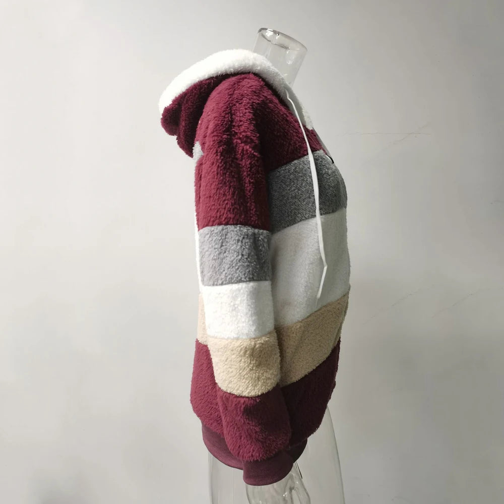 Oversized Plush Hooded Jacket — Warm Cashmere Streetwear Coat with Zipper & Pockets for Women