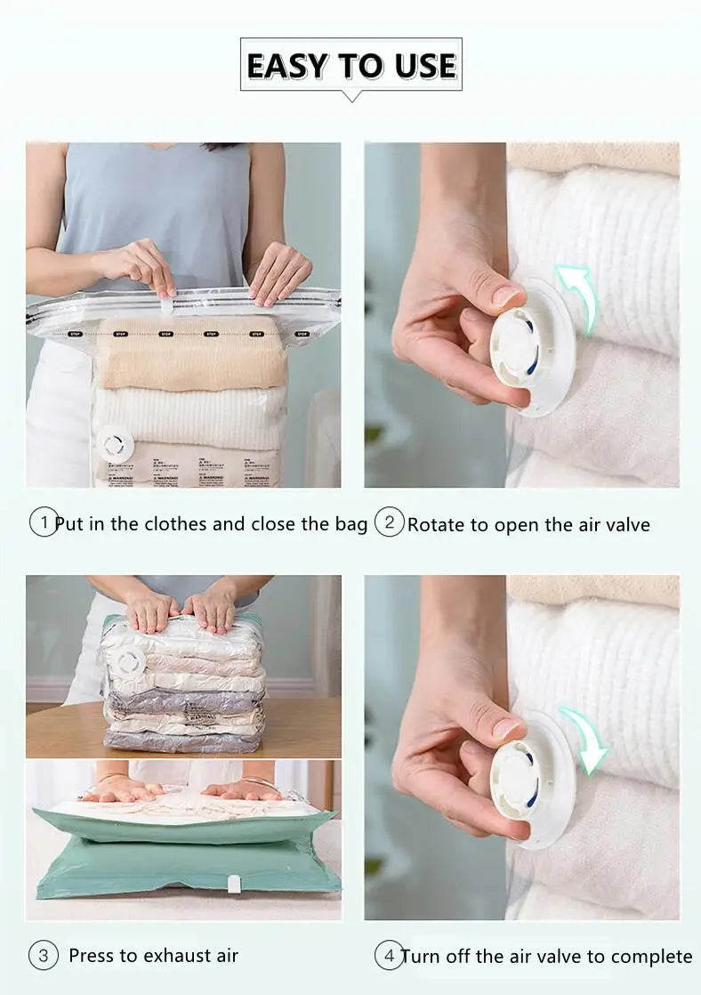 No-Pump Vacuum Storage Bags — Space Saver Compression Bags for Clothes, Blankets & Travel