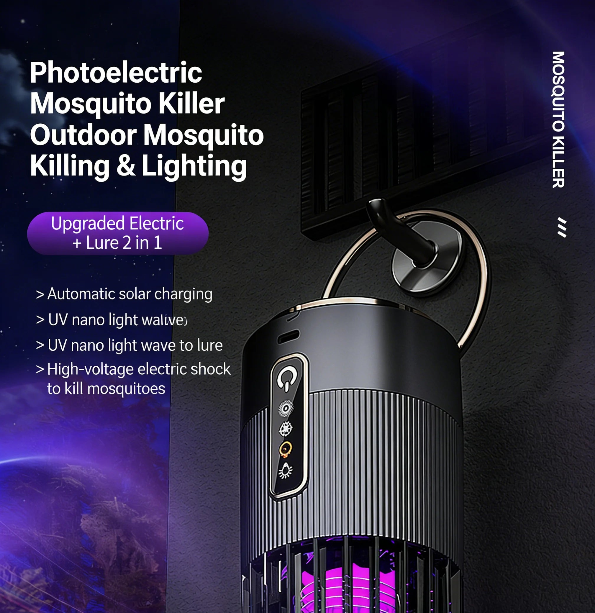 Solar Mosquito Killer Lamp — USB Rechargeable Outdoor & Indoor Insect Trap for Home & Camping
