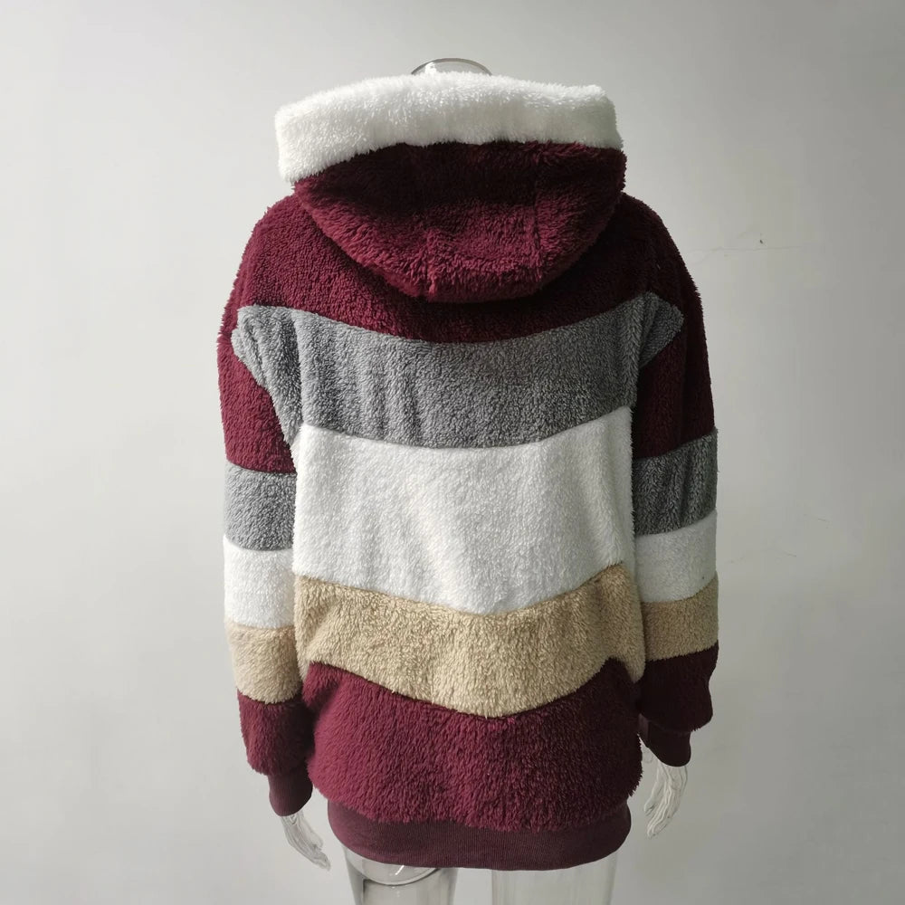 Oversized Plush Hooded Jacket — Warm Cashmere Streetwear Coat with Zipper & Pockets for Women