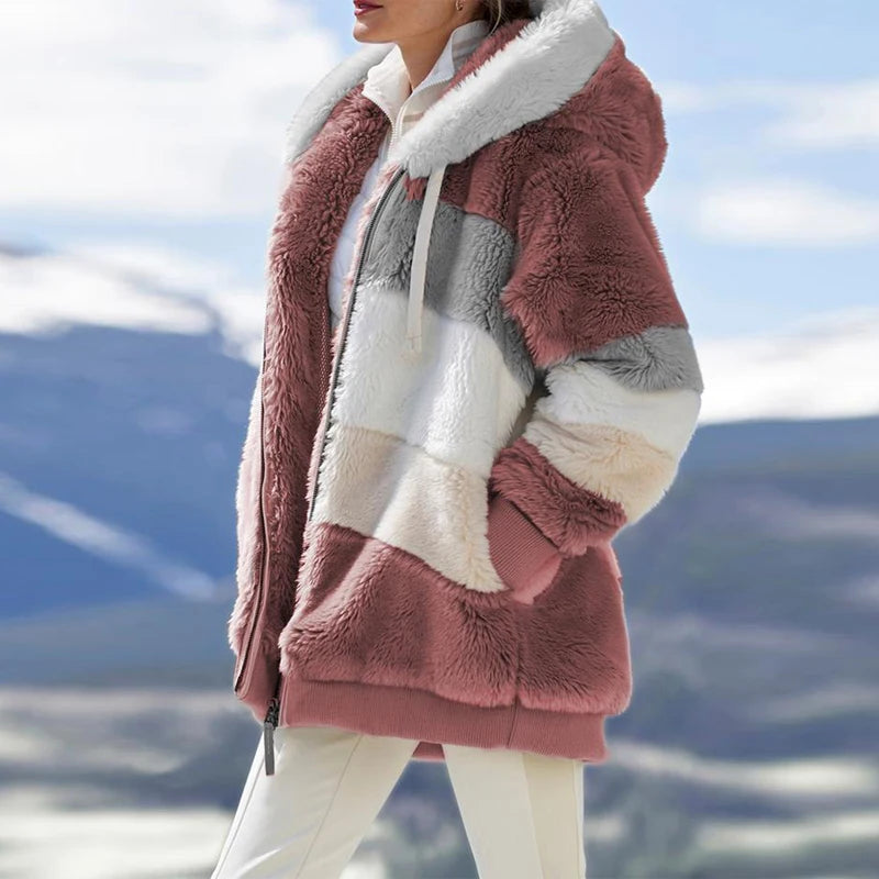 Oversized Plush Hooded Jacket — Warm Cashmere Streetwear Coat with Zipper & Pockets for Women