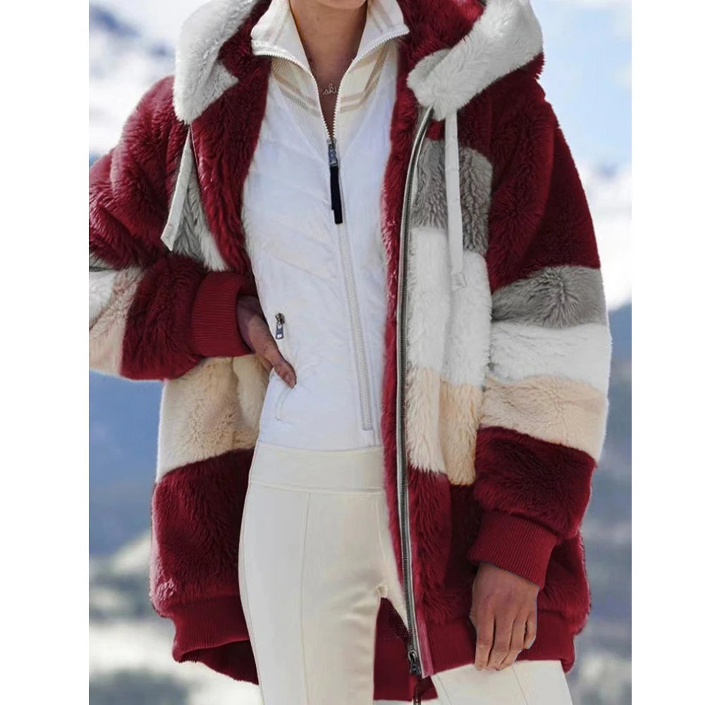 Oversized Plush Hooded Jacket — Warm Cashmere Streetwear Coat with Zipper & Pockets for Women
