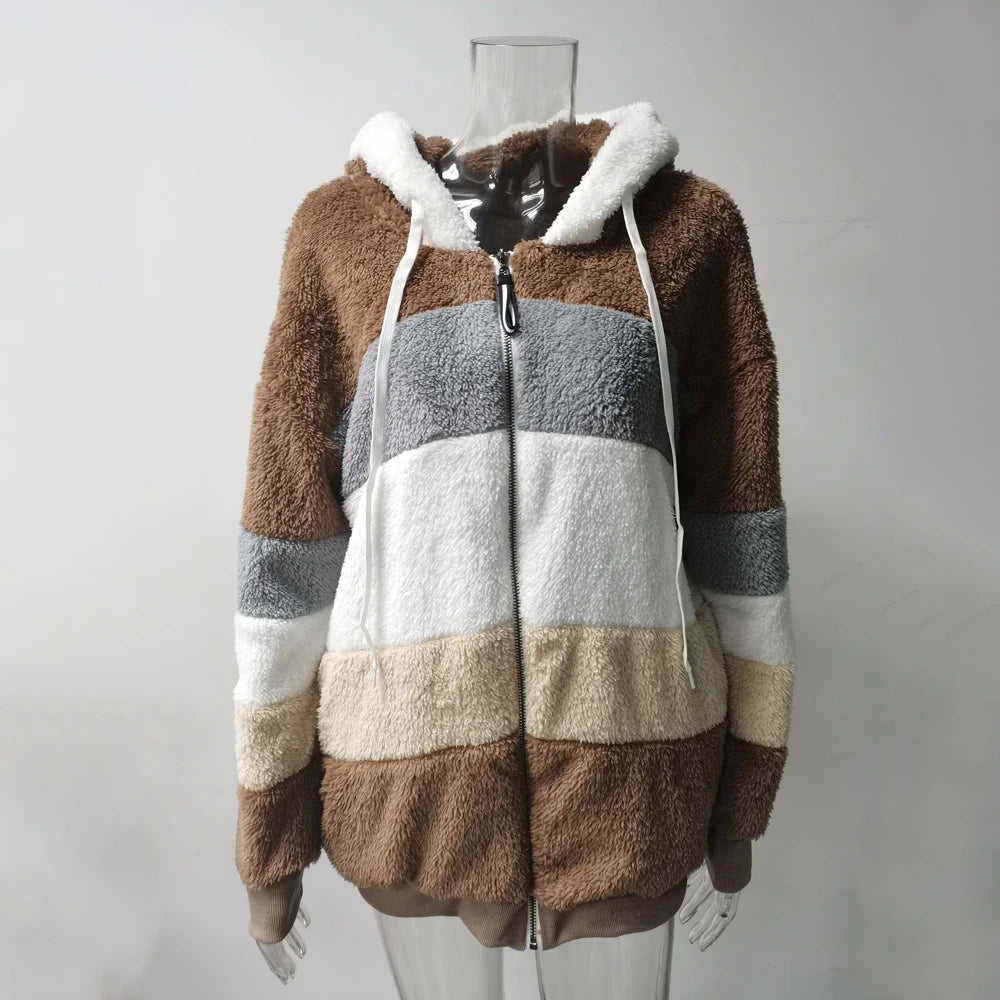 Oversized Plush Hooded Jacket — Warm Cashmere Streetwear Coat with Zipper & Pockets for Women
