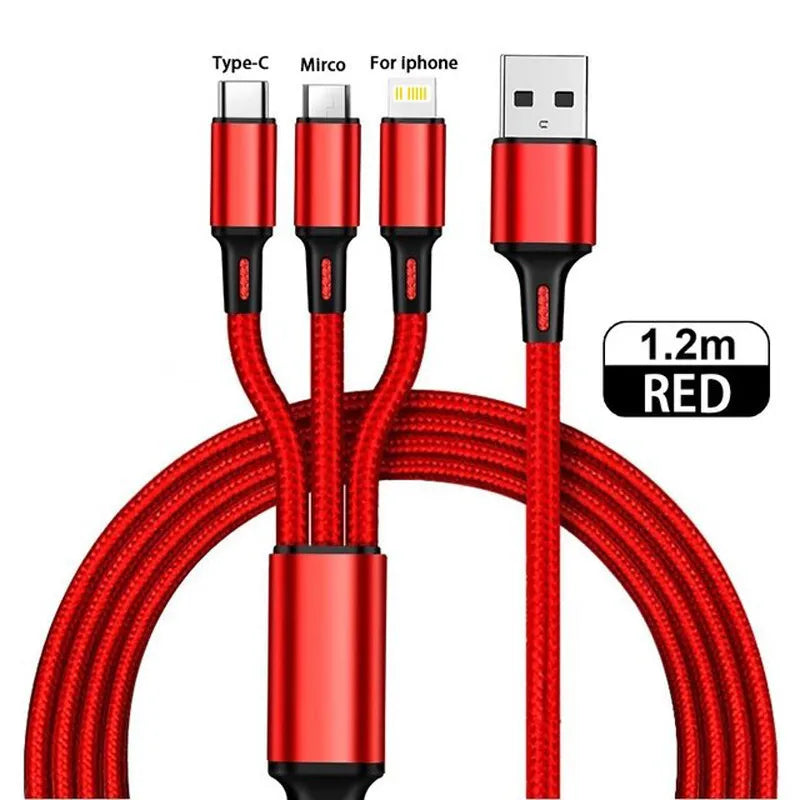 3-in-1 Multi USB Charging Cable — Type-C, Lightning & Micro USB for iPhone, Android & Xiaomi