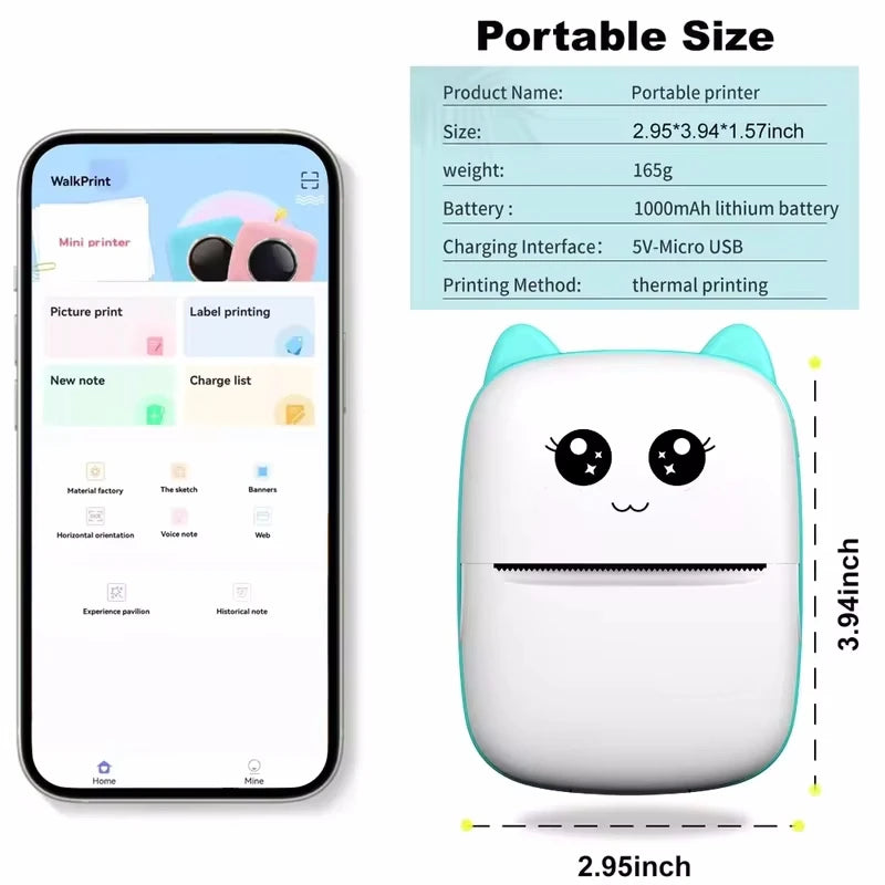 Mini CAT Portable Thermal Printer — Wireless Bluetooth Photo & Label Printer for Android & iOS