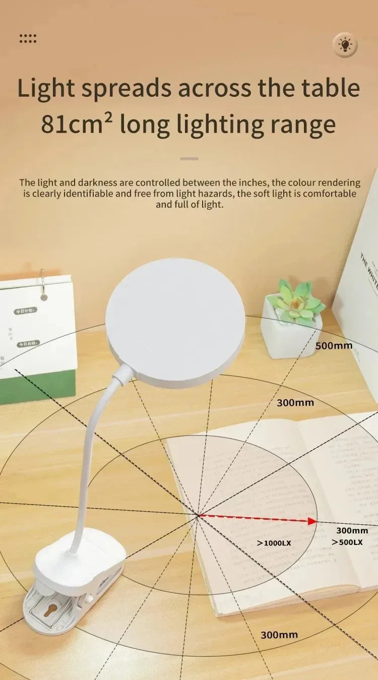 LED Table Lamp with Clamp — USB Rechargeable Foldable Study & Reading Light with Touch 3-Mode Dimming