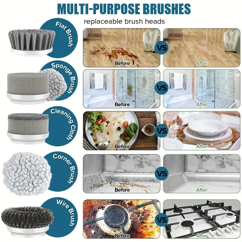 Electric Spin Scrubber — Cordless Cleaning Brush with 5 Heads for Bathroom & Kitchen