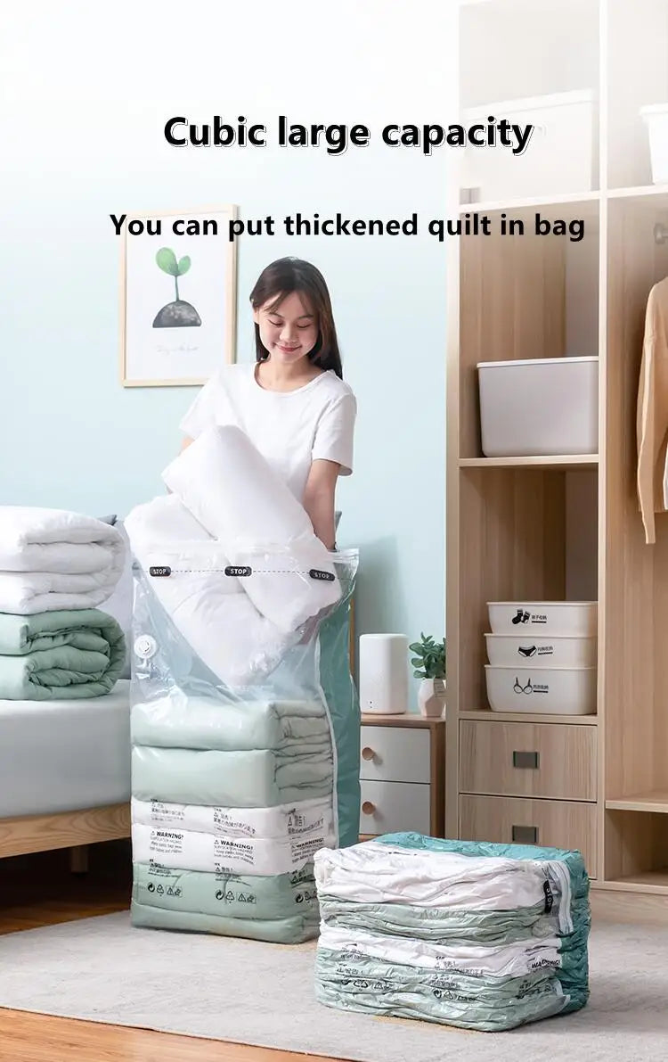 No-Pump Vacuum Storage Bags — Space Saver Compression Bags for Clothes, Blankets & Travel