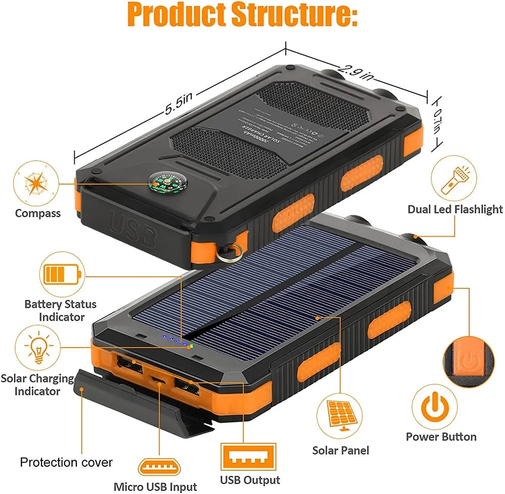 Solar Power Bank 80000mAh — Portable External Battery Charger with LED Light for All Smartphones
