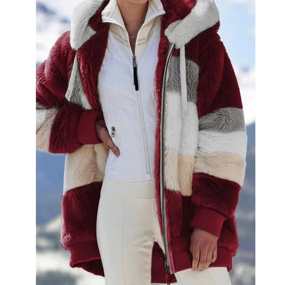 Oversized Plush Hooded Jacket — Warm Cashmere Streetwear Coat with Zipper & Pockets for Women