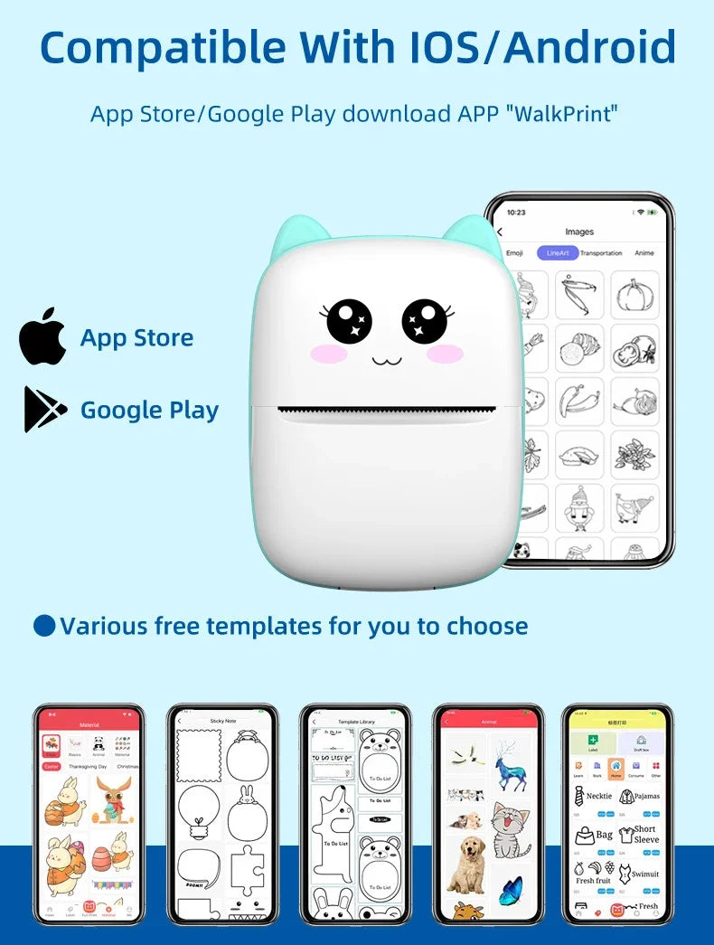 Mini CAT Portable Thermal Printer — Wireless Bluetooth Photo & Label Printer for Android & iOS