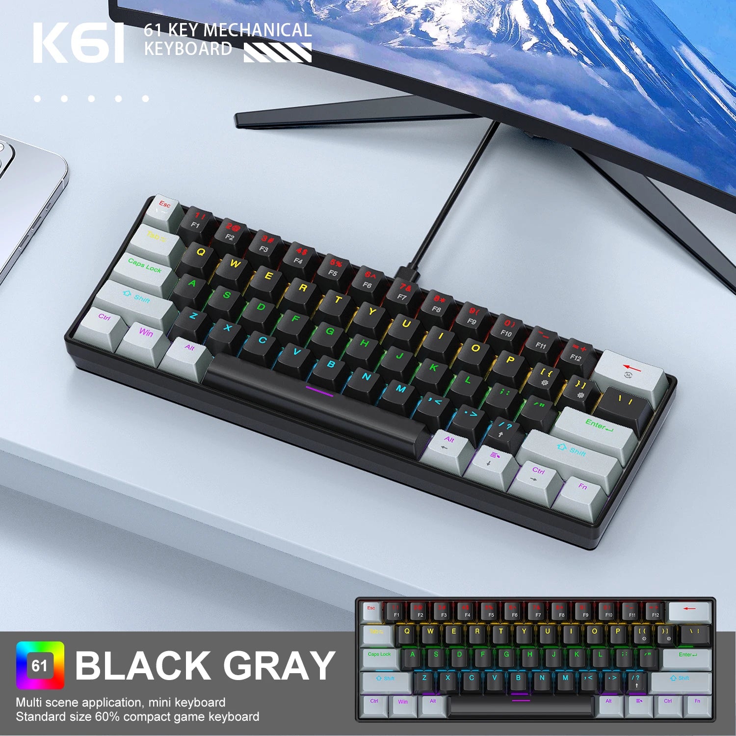 APAYADO K61 Mini Mechanical Keyboard — 61 Keys RGB Wired Gaming Keyboard 60% Portable
