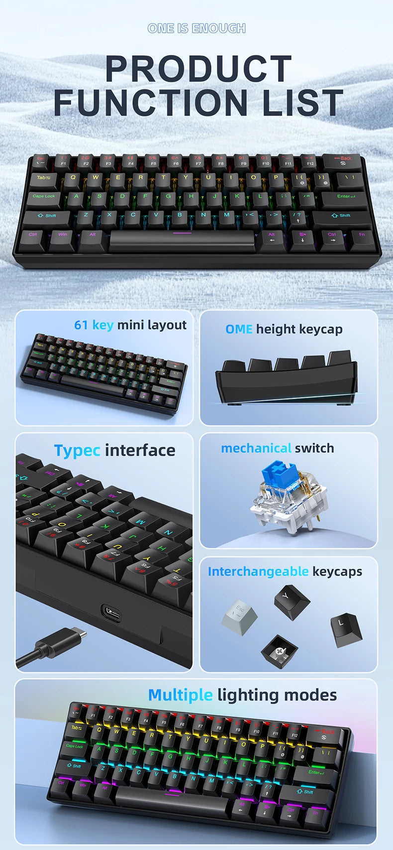 APAYADO K61 Mini Mechanical Keyboard — 61 Keys RGB Wired Gaming Keyboard 60% Portable