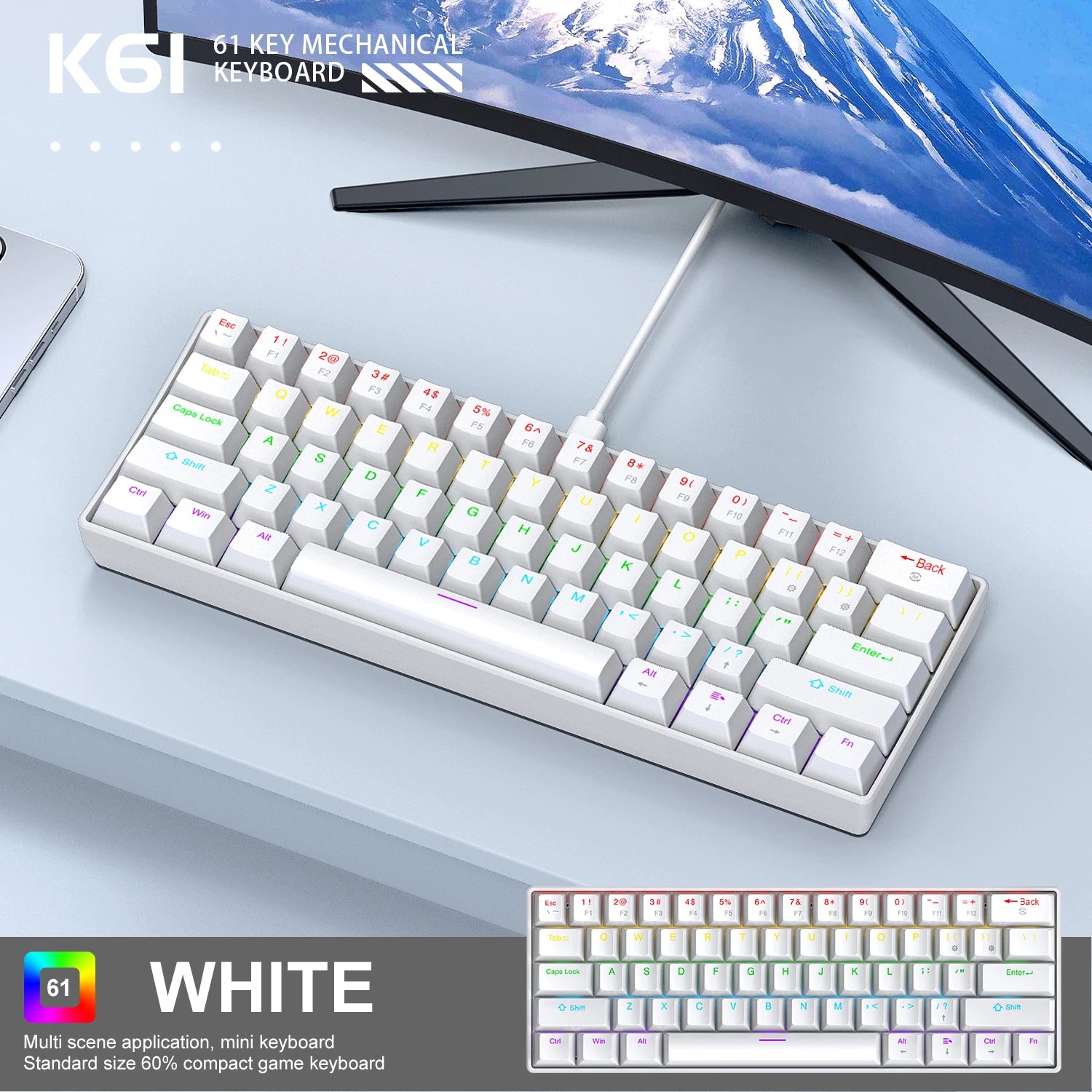 APAYADO K61 Mini Mechanical Keyboard — 61 Keys RGB Wired Gaming Keyboard 60% Portable