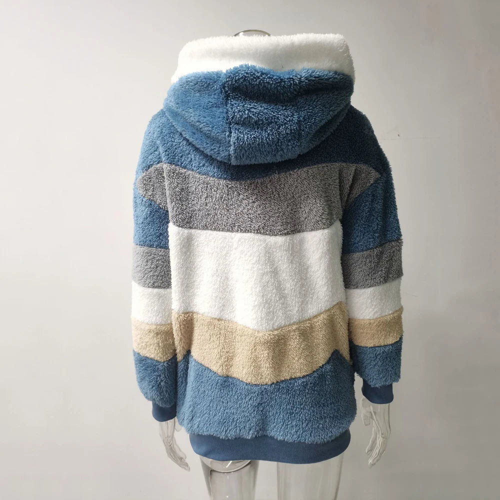 Oversized Plush Hooded Jacket — Warm Cashmere Streetwear Coat with Zipper & Pockets for Women
