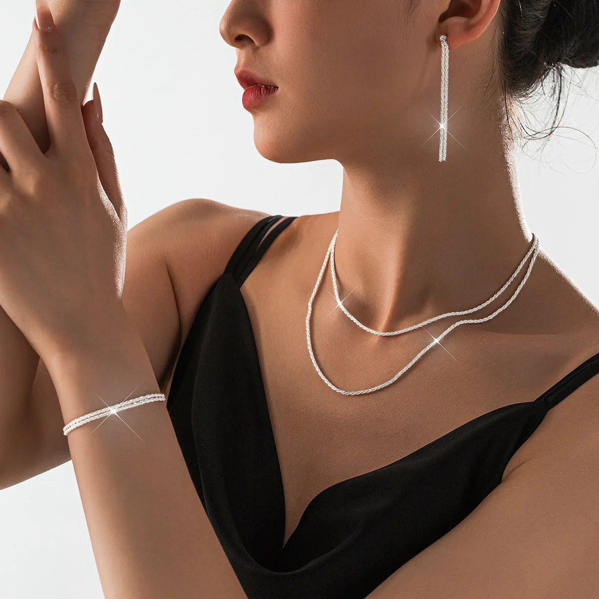 Silver Minimalist Jewelry Set — Starry Sky Collarbone Necklace & Bracelet for Women