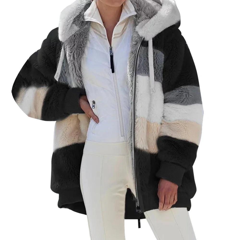 Oversized Plush Hooded Jacket — Warm Cashmere Streetwear Coat with Zipper & Pockets for Women