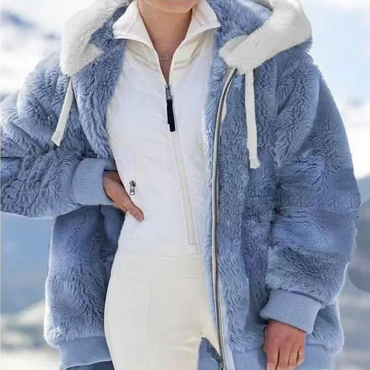 Oversized Plush Hooded Jacket — Warm Cashmere Streetwear Coat with Zipper & Pockets for Women