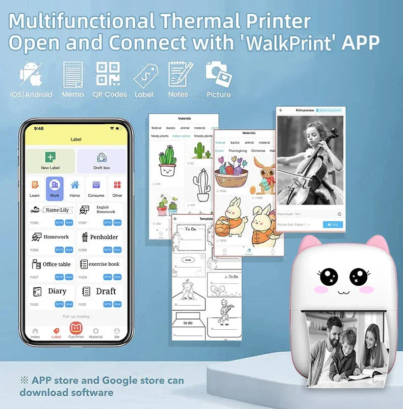 Mini CAT Portable Thermal Printer — Wireless Bluetooth Photo & Label Printer for Android & iOS