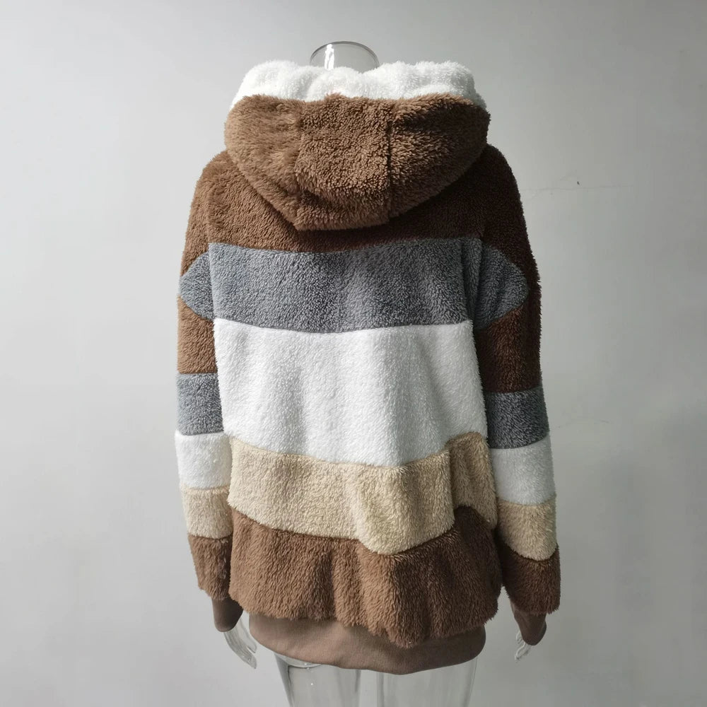 Oversized Plush Hooded Jacket — Warm Cashmere Streetwear Coat with Zipper & Pockets for Women