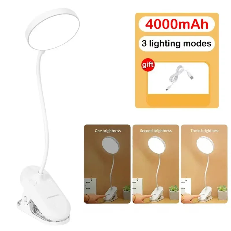 LED Table Lamp with Clamp — USB Rechargeable Foldable Study & Reading Light with Touch 3-Mode Dimming