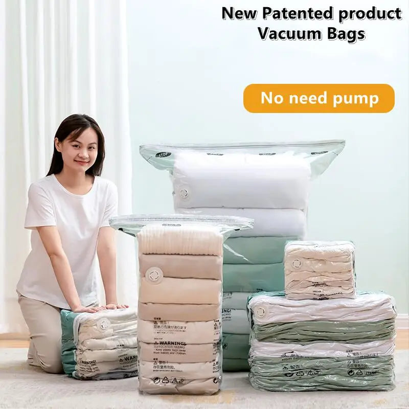 No-Pump Vacuum Storage Bags — Space Saver Compression Bags for Clothes, Blankets & Travel