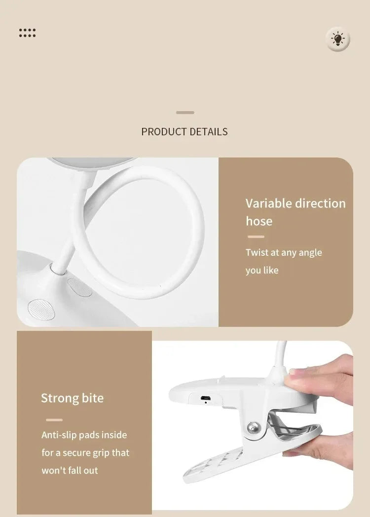 LED Table Lamp with Clamp — USB Rechargeable Foldable Study & Reading Light with Touch 3-Mode Dimming