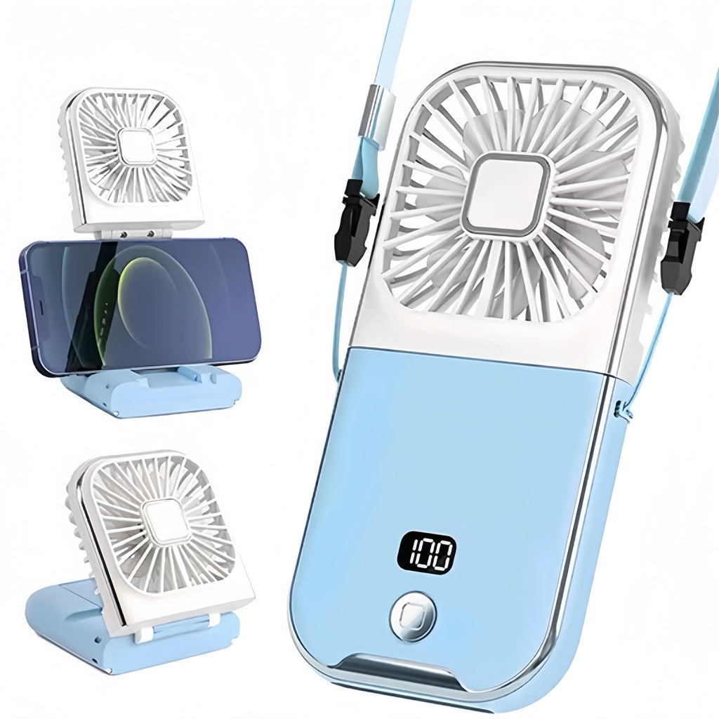 3-in-1 Portable Neck Fan & Power Bank — Foldable USB Rechargeable Desktop Fan for Home, Office & Outdoor