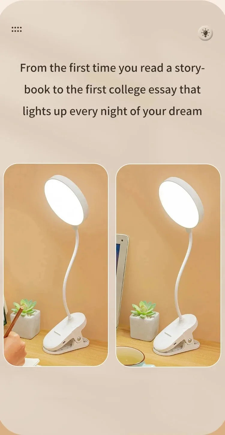LED Table Lamp with Clamp — USB Rechargeable Foldable Study & Reading Light with Touch 3-Mode Dimming
