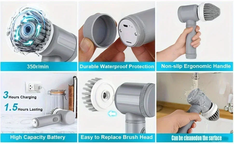Electric Spin Scrubber — Cordless Cleaning Brush with 5 Heads for Bathroom & Kitchen