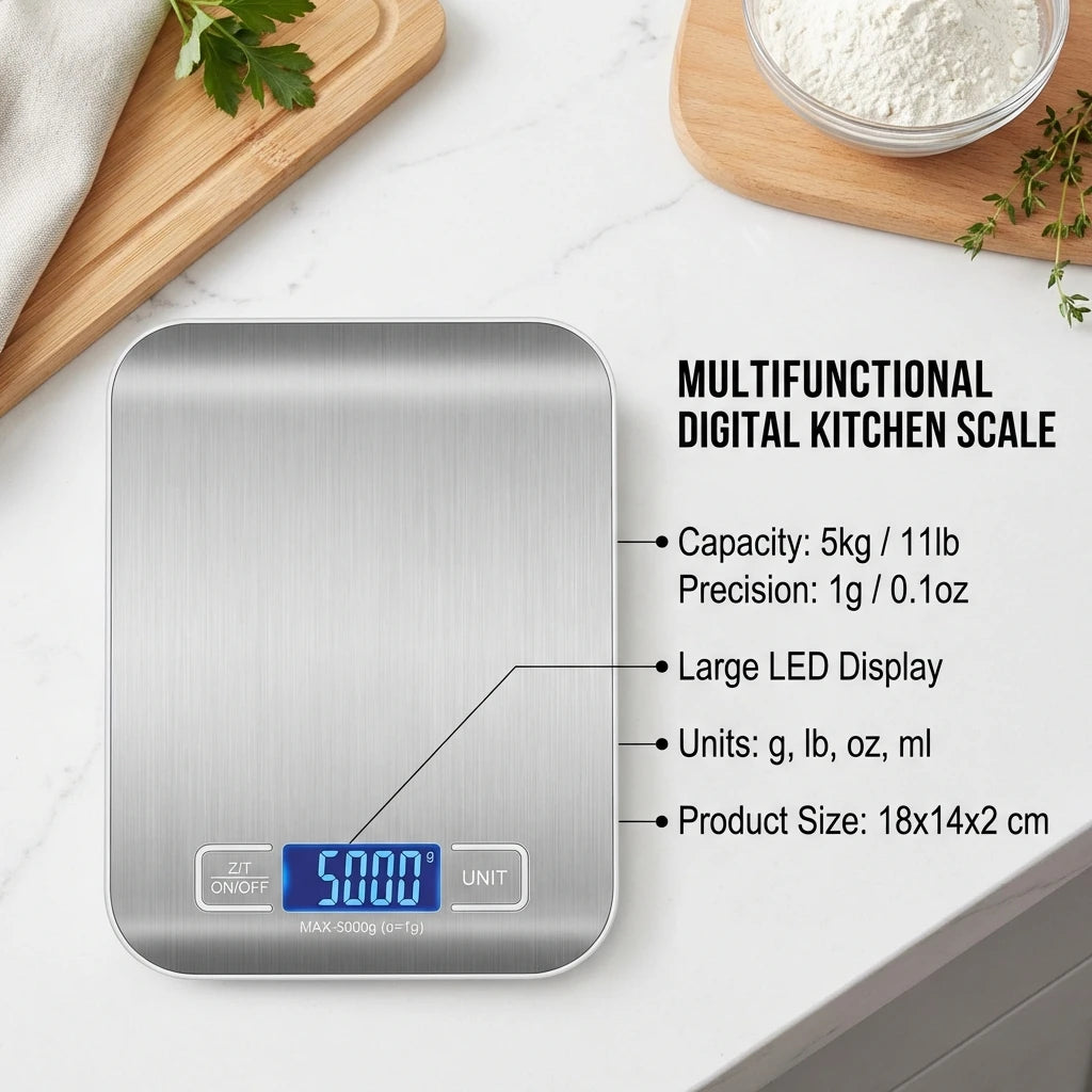 Digital Kitchen Scale — LED Display 5kg Stainless Steel for Food, Baking & Jewelry