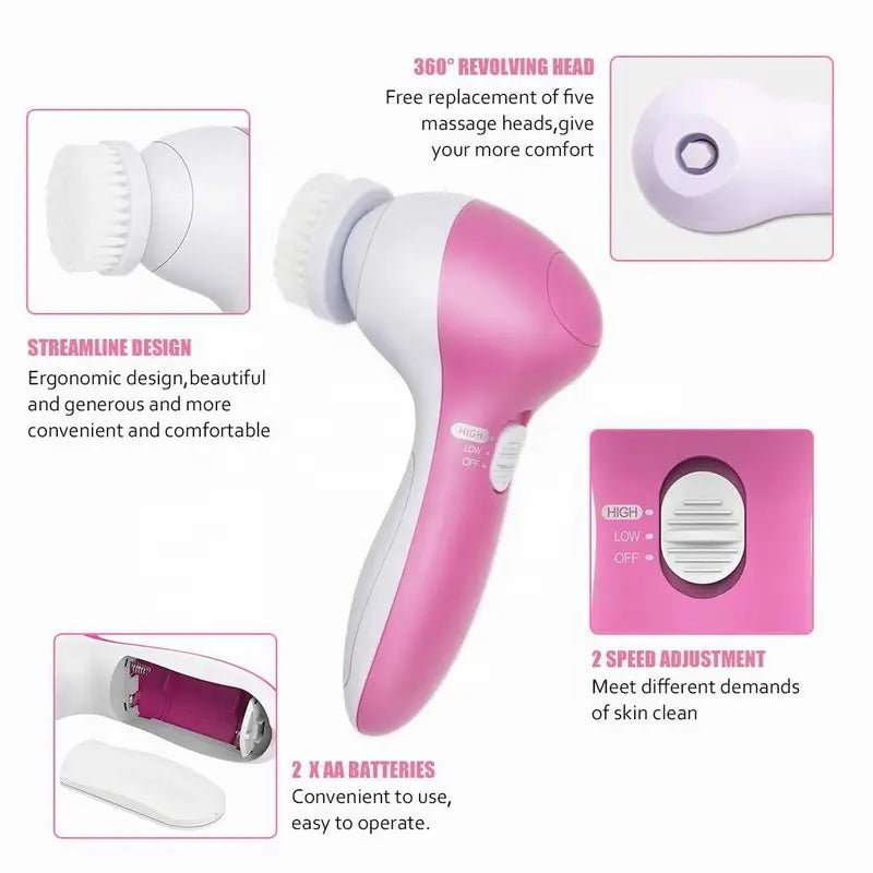 Electric Face Cleansing Brush 5-in-1 — Facial Cleanser Massager & Blackhead Remover for Skin Care