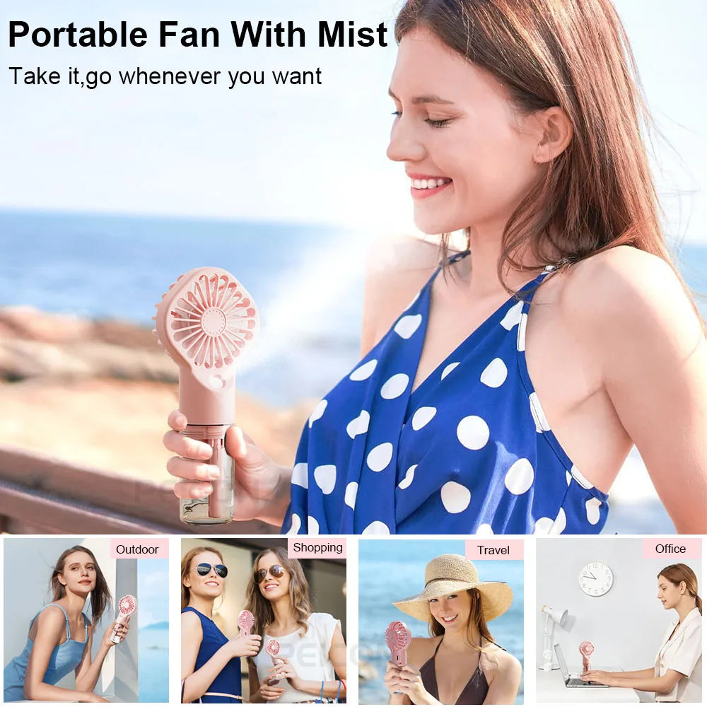 Portable Misting Fan — USB Rechargeable Handheld Humidifier Fan for Home & Outdoor